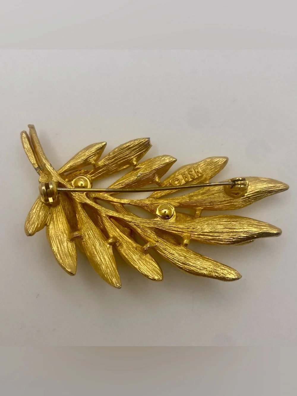 Vintage Signed BSK Textured Gold Leaf Brooch